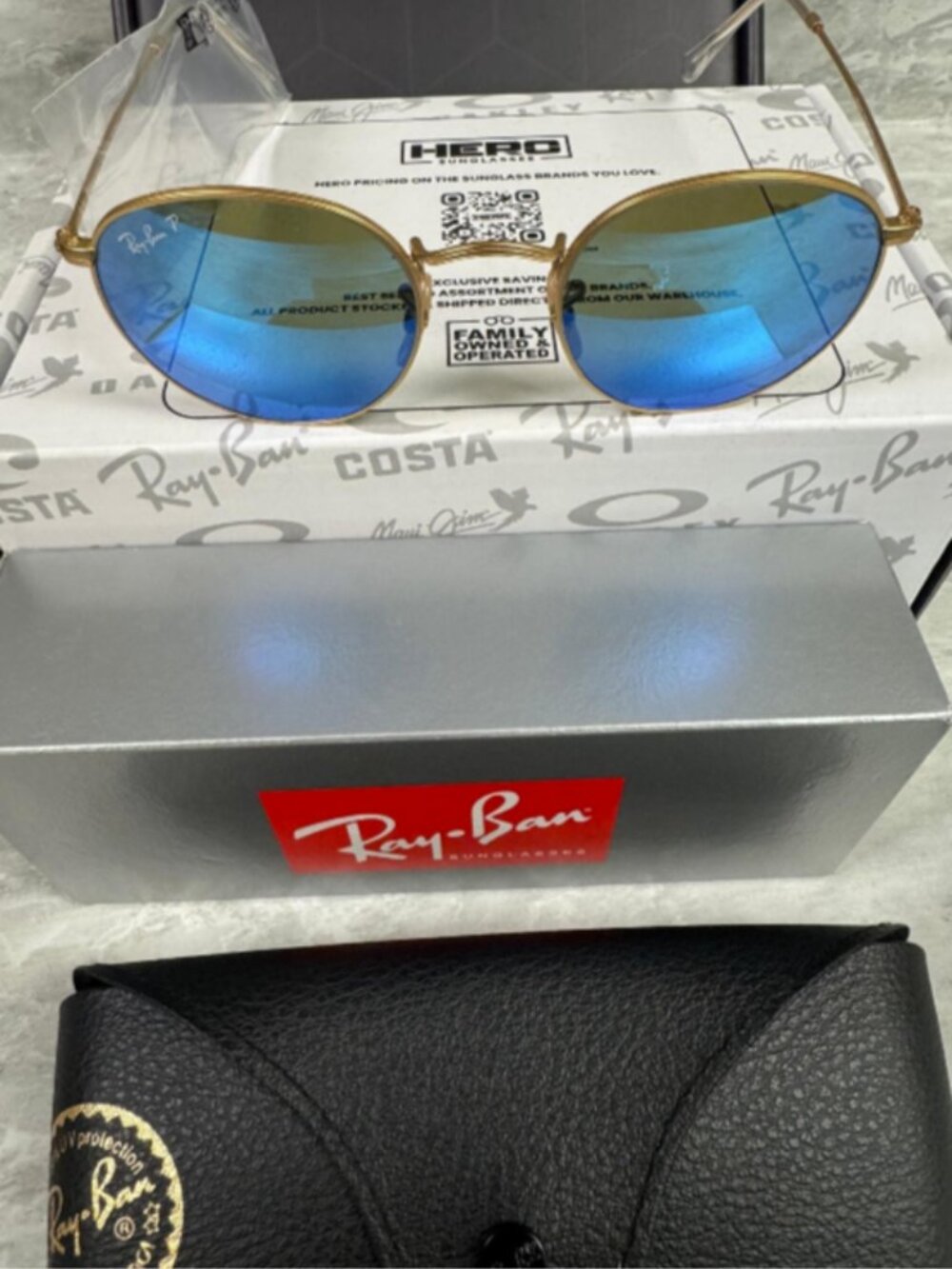 RAY BAN | NEW | ROUND MEDIUM | 3447 112 - 4L | MATTE GOLD | BLUE MIRROR - Picture 3 of 4